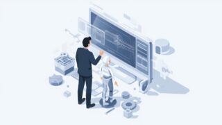 AIと人間のエンジニアが設計図を前に協力して議論する様子