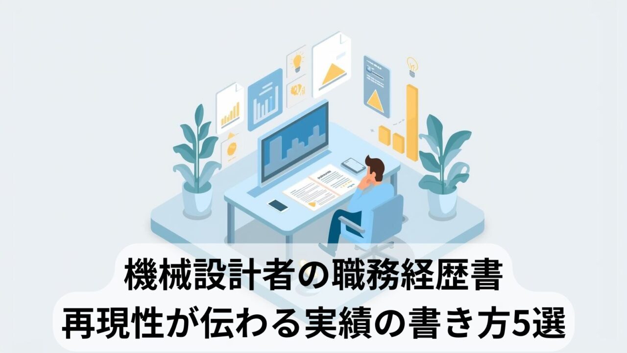 机の前でノートパソコンと資料を見ながら職務経歴書を考える機械設計エンジニア