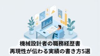 机の前でノートパソコンと資料を見ながら職務経歴書を考える機械設計エンジニア