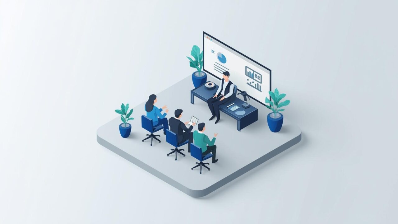 面接官と応募者が会議室で面接を行い応募者が資料を見ながら丁寧に説明する場面