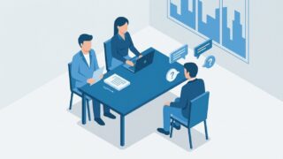 機械設計職の転職面接で応募者が面接官2名に逆質問している様子を後ろ姿で表現したアイソメトリックイラスト