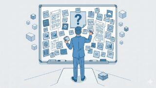 代替テキスト（alt）： ホワイトボードの前に立つスーツ姿の男性エンジニアが転職エージェントの情報を書き出して整理しているイラスト