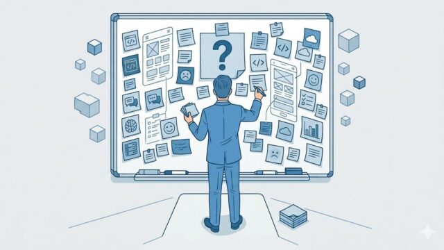 代替テキスト（alt）： ホワイトボードの前に立つスーツ姿の男性エンジニアが転職エージェントの情報を書き出して整理しているイラスト