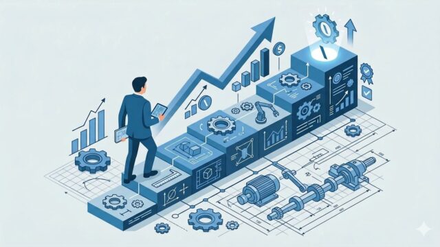 機械設計スキルマップの5領域（CAD・設計技術・品質管理・製造知識・PJ管理）と年収上昇を示すインフォグラフィック