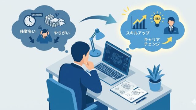 デスクで考え込む機械設計エンジニアと頭上に浮かぶネガティブからポジティブへのアイデア