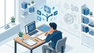 CAD図面と機械部品を背景に設計適性を考える機械設計エンジニアの思考イメージ