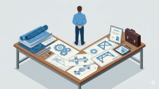 製図台に広がる機械設計図・資格証書・スーツケースを見渡すエンジニアのフラットデザインイラスト