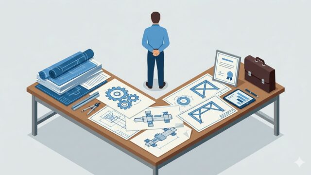 製図台に広がる機械設計図・資格証書・スーツケースを見渡すエンジニアのフラットデザインイラスト